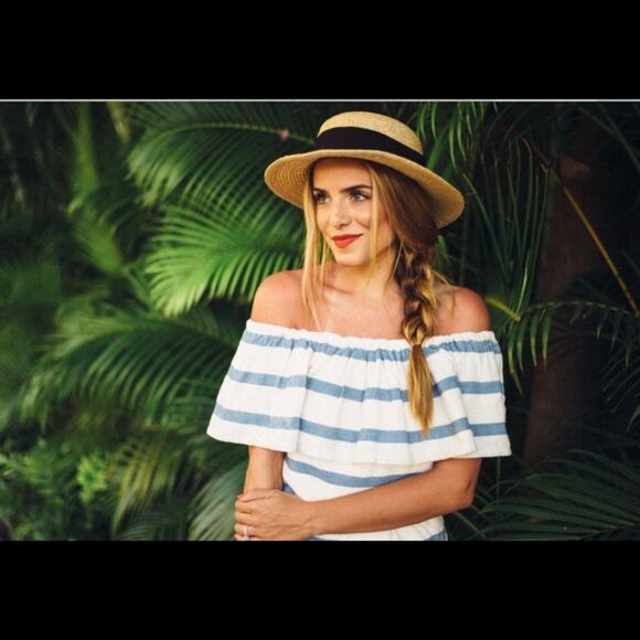 Mara Hoffman Tops - Mara Hoffman off shoulder ivory blue striped cropped top L